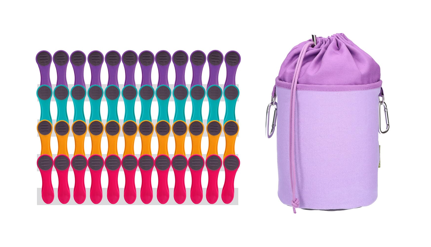 48 Clothes Pegs with Compression Springs Made of Stainless Steel, Soft Touch Colourful, 1 Canvas Clothes Peg Bag, Purple Grey