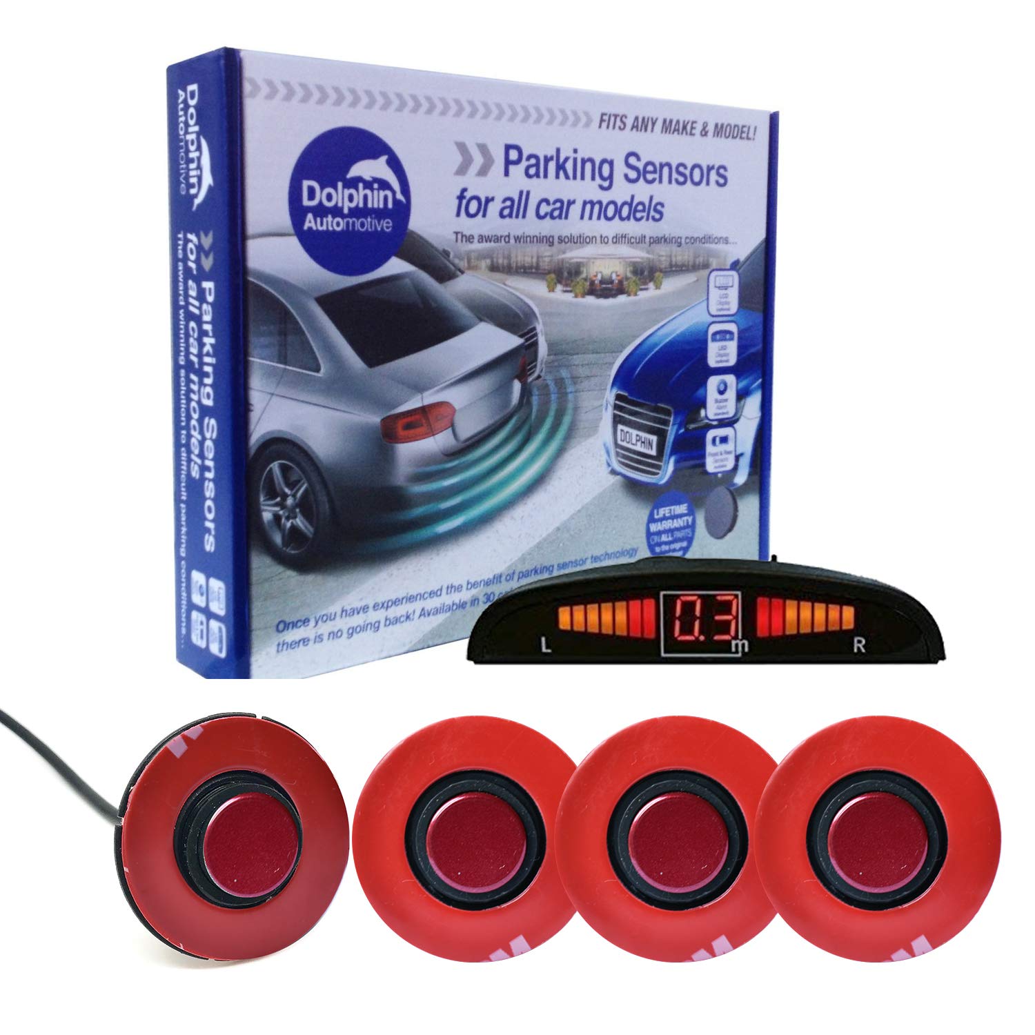 Dolphin Automotive DFM450 Reverse Parking Sensors Flush Mount OEM Style 4 Ultrasonic Radar Sensor Kit Dash Display and Audio Alert System - Maroon