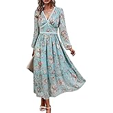 Women's Spring Wrap Maxi Dress Floral V Neck Long Sleeve Wedding Guest Party Casual Chiffon Dress