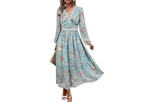 CHOOTEEYEEN Women's V Neck Long Sleeve Wrap Maxi Dress A Line Empire Waist Fall Wedding Guest Party Casual Chiffon Dress