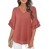 VALOLIA Womens Blouses 3/4 Sleeve Dressy Tops Business Casual Double Layers Shirts