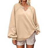 UEU Womens V Neck Crochet Sweatshirt Long Sleeve Oversized Pullover Loose Fit Casual Knit Tops Lightweight Sweater Shirt