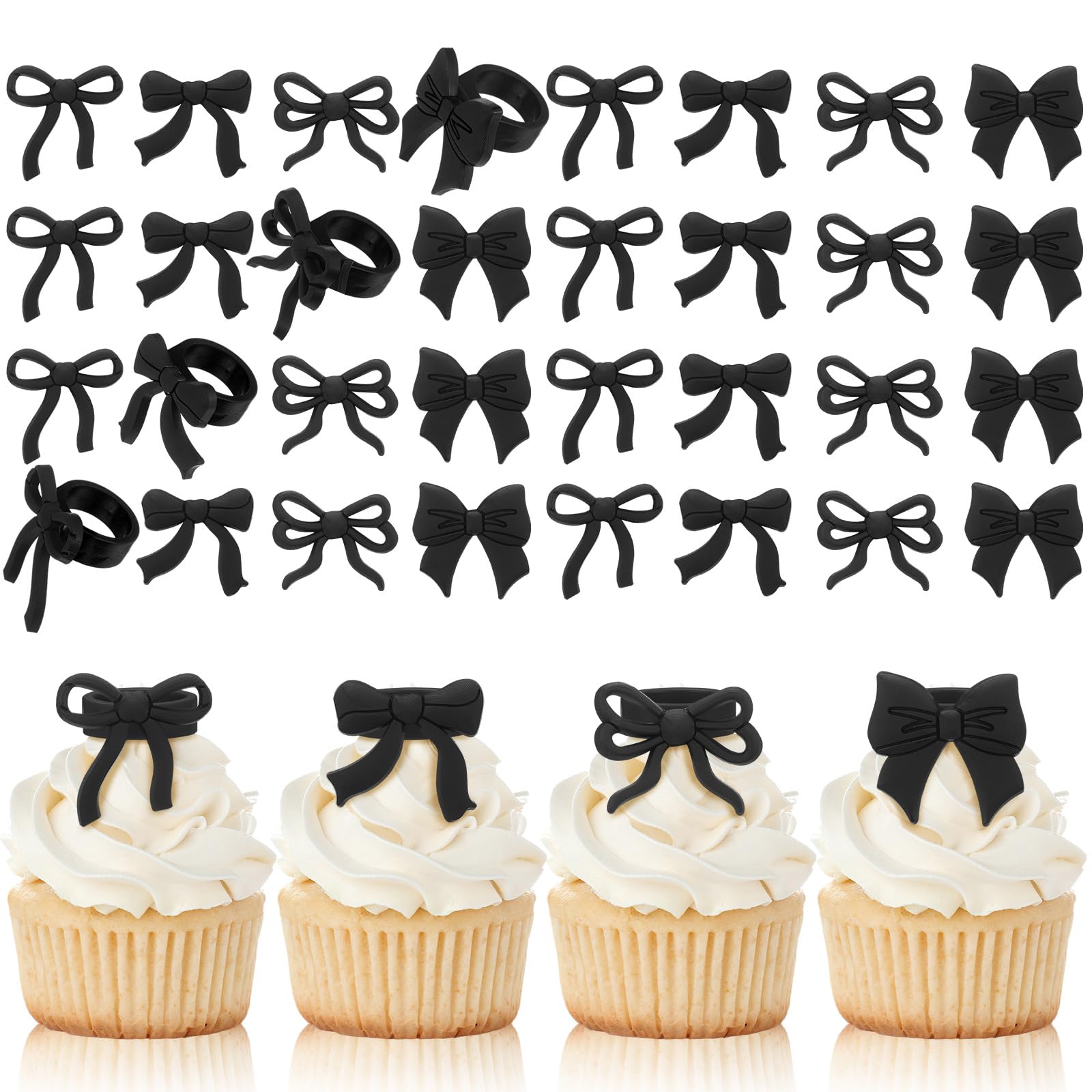 Photo 1 of Chuangdi 48 Pieces Black Coquette Bow Cake Cupcake Toppers, Black Bow Cake Decorations Coquette Birthday Party Decorations Supplies for Bridal Shower Bachelorette, 4 Styles