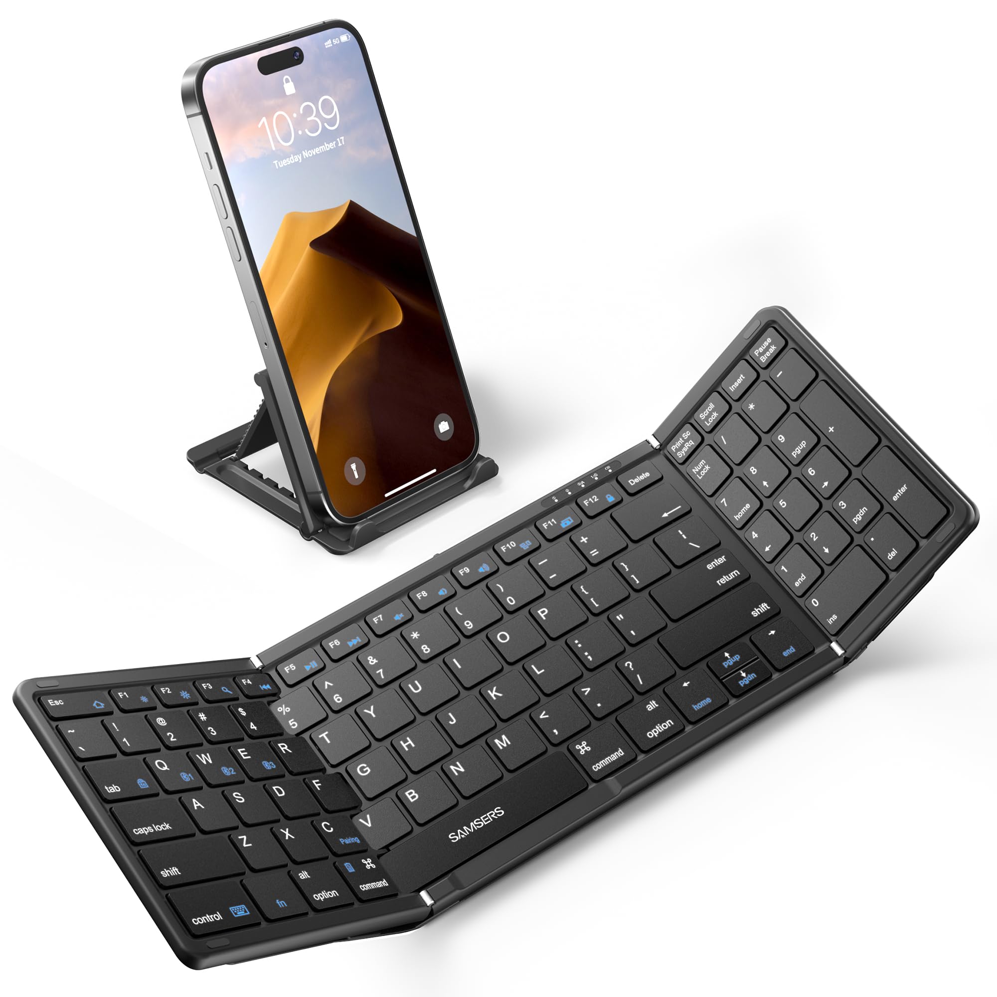 Photo 1 of Samsers Foldable Bluetooth Keyboard with Numeric Keypad, Full-Size Wireless Folding Keyboards with PU Leather, Portable Travel for iOS Android Windows Mac OS, Support 3 Device(BT5.1 x 3)-Black