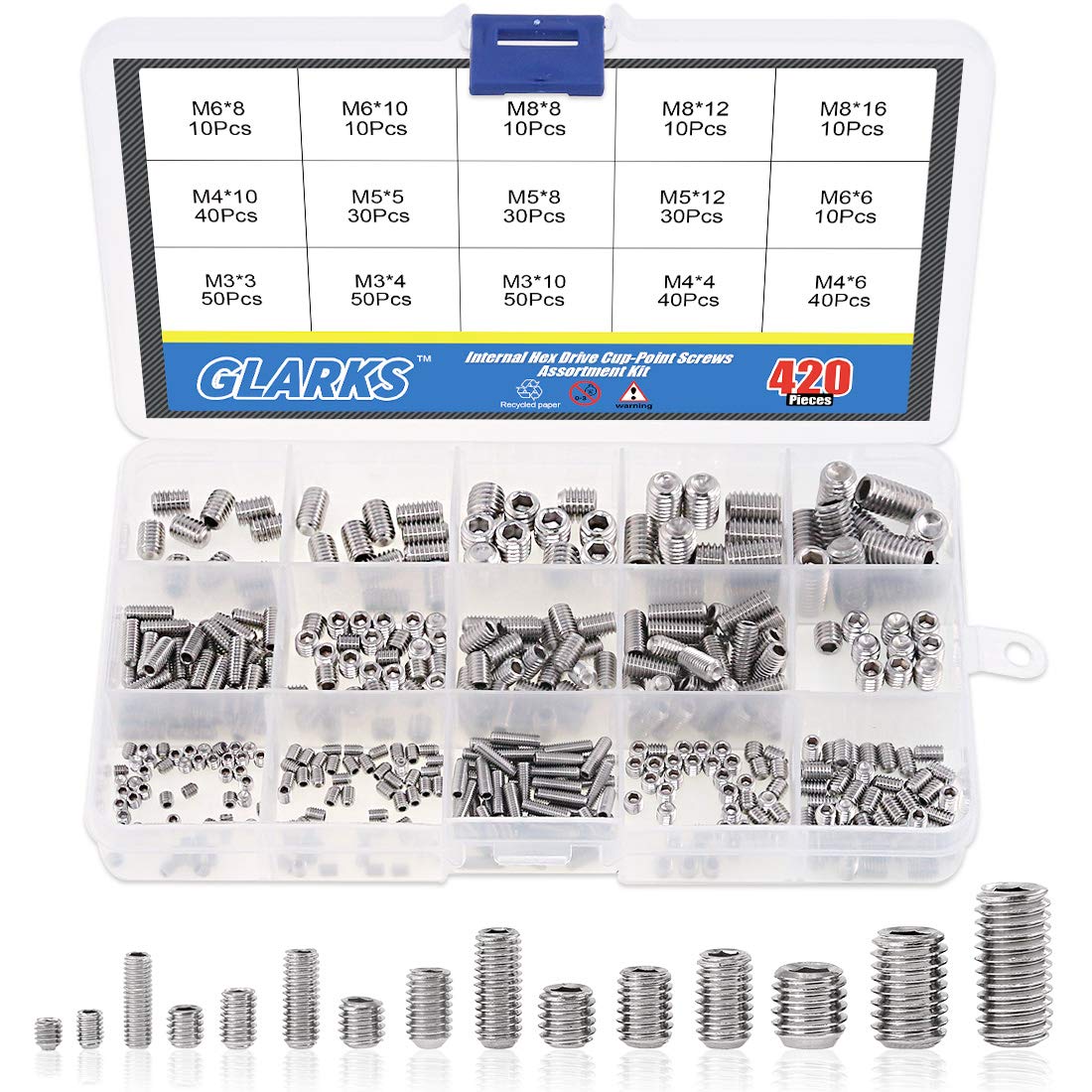Glarks 420Pcs M3/M4/M5/M6/M8 Allen Head Socket Set Screw, 304 Stainless Steel Internal Hex Drive Grub Screw Assortment Kit