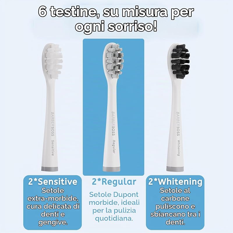 Spazzolino da denti sonico ricaricabile per adulti, 5 modalità di pulizia, spazzolino elettrico, sensore di pressione, 6 testine, batteria da 60 giorni, timer intelligente