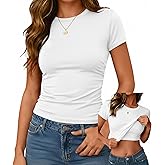Evervibe Women Built-in Bra Short Sleeve Shirts Crewneck Casual Basic T-Shirt Slim Fit Tops Going Out Summer Tees(White,XX-Large)