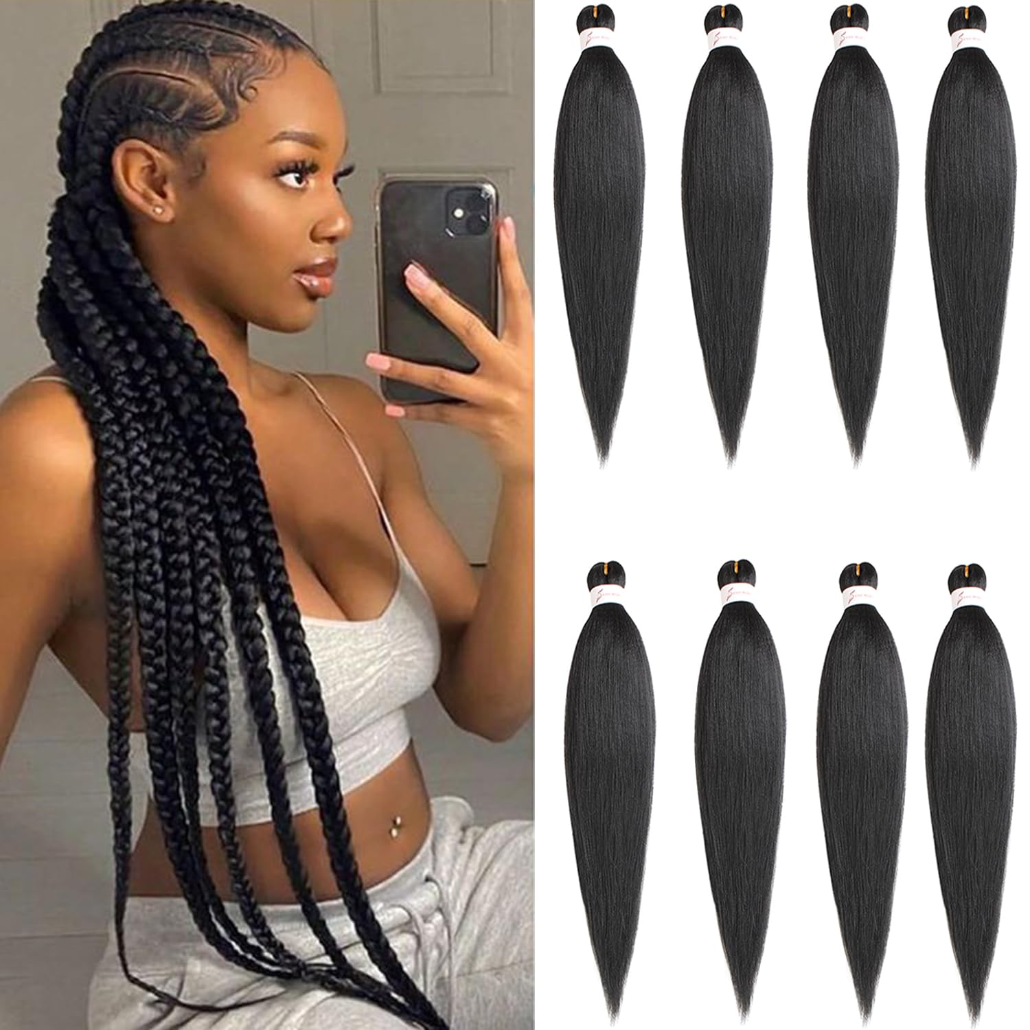 Mscat 30 Inch 8 Packs Pre Stretched Braiding Hair Black Pre Stretched Braiding Professional Synthetic Prestretched Crochet Braids Hair Extension Hot Water Setting Yaki Texture (1B#)