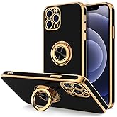 Hython Case for iPhone 12 Pro Case with Ring Stand [360° Rotatable Ring Holder Magnetic Kickstand] Luxury Plating Rose Gold Soft TPU Bumper Shockproof Protective Phone Cases Cover Women Girls, Black