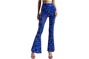 Anlaey Women's Rave Mesh Sheer Sparkly Pants Sequin Flared Bell Bottom Pants Sexy Rave Outfits for Festival Dance Clubwear