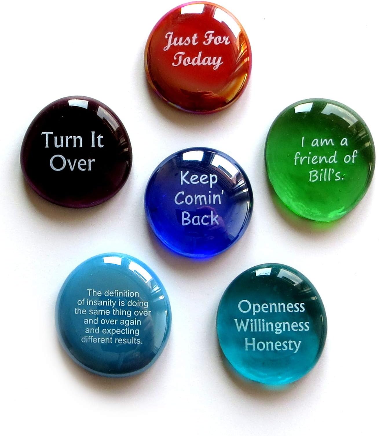 Lifeforce GlassRecovery Stones, 6 Daily Reminders for Encouragement in Sobriety on Glass Stones. Perfect for 12 Step Set III.