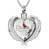 Yinplsmemory Red Cardinal Cremation Jewelry Angel Wing Crystal Heart Urn Ashes Necklace for Women Men Memorial Keepsake Urn Jewelry