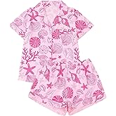 OYOANGLE Women's Button Down Pajama Set Seashell Graphic Short Sleeve Shirt and Shorts Pjs Sleepwear