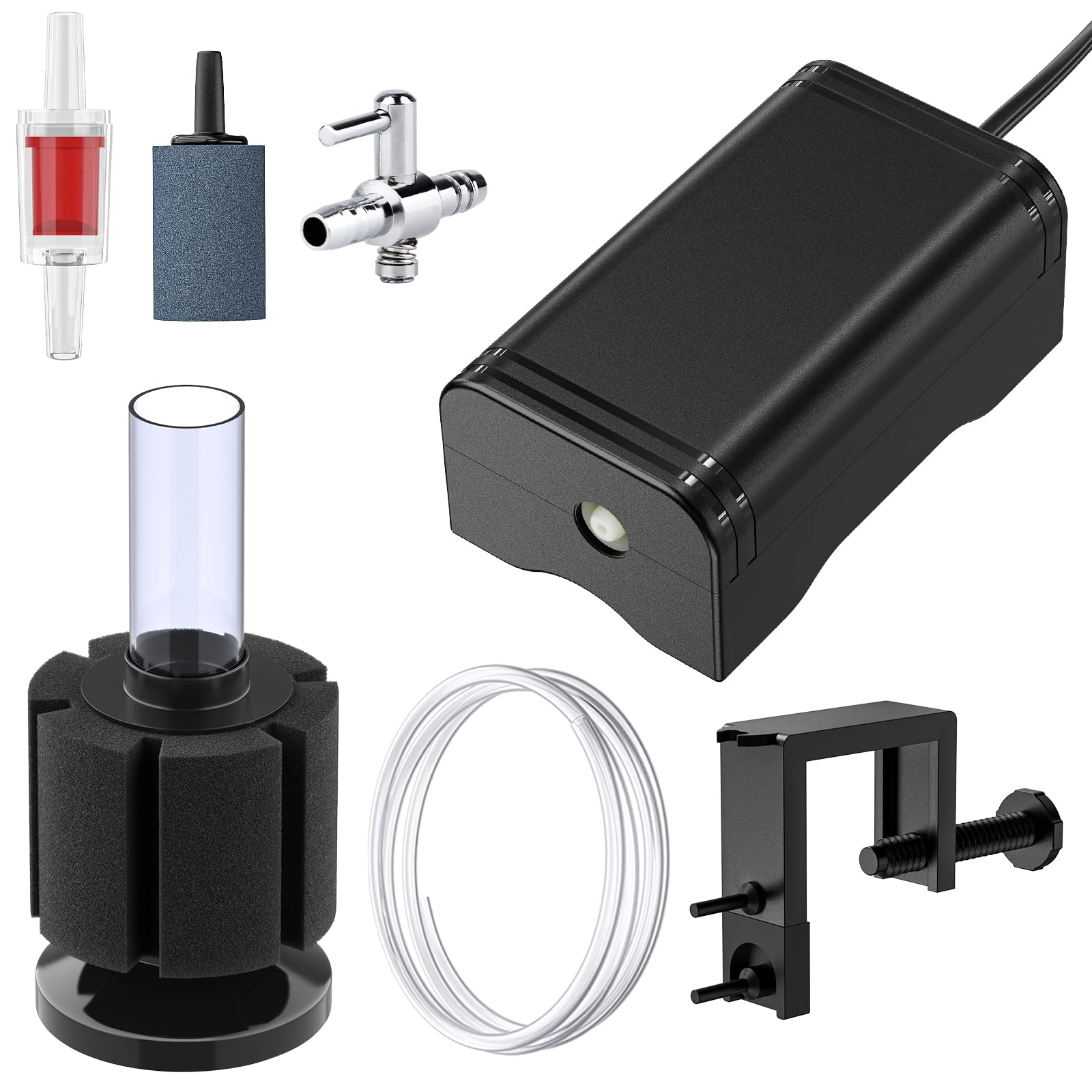 Photo 1 of Pawfly Mini Aquarium Air Pump 15 GPH Quiet Oxygen Aerator Pump with Bracket Airline Tubing Bio Sponge Filter Air Stone Control Valve and Check Valve for 3-20 Gallon Nano Fish Tanks and Buckets
