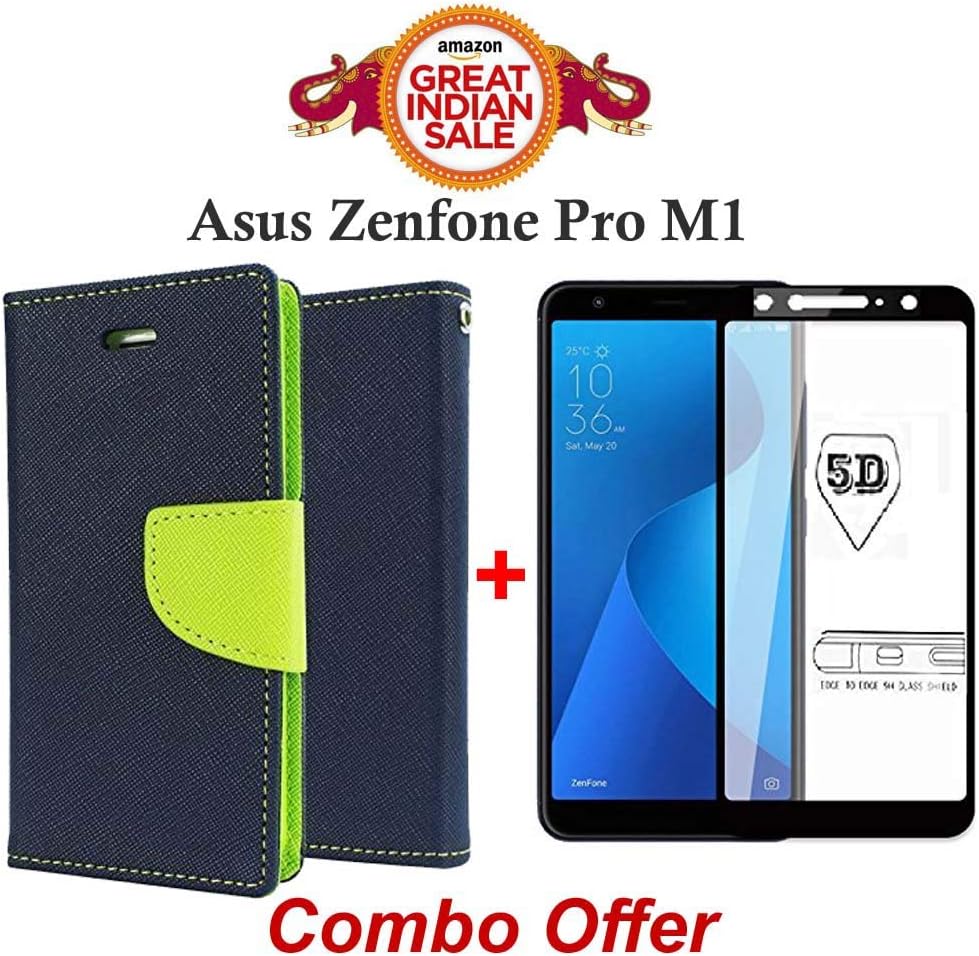 Goelectro COMBO of Blue Diary Wallet Style Flip cover with Mercury Magnetic Lock + Tempered Glass Screen Protector for ASUS ZenFone Max Pro M1