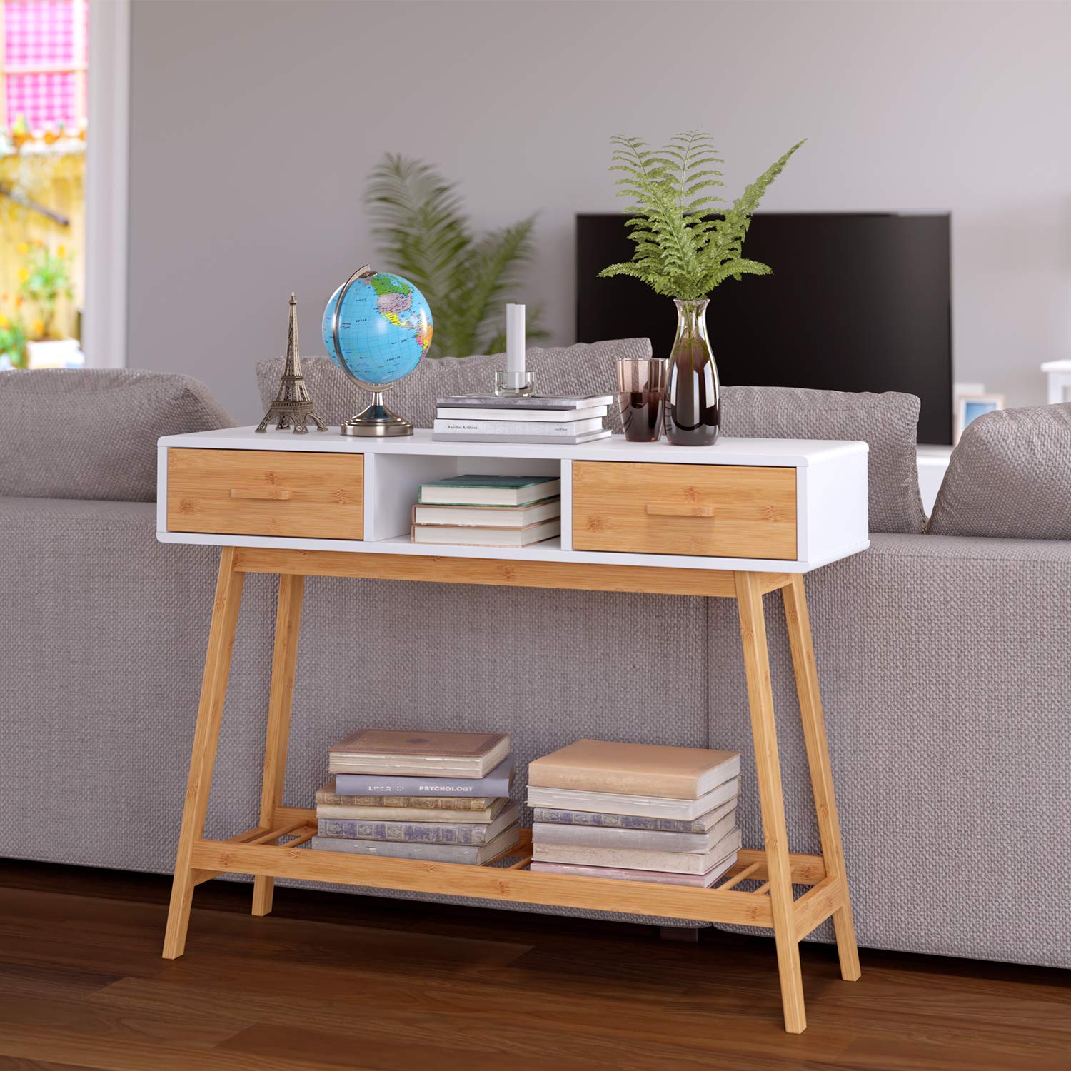 30x75x100cm HOMECHO Konsolentisch Bambus Beistelltisch mit 2 Schubladen