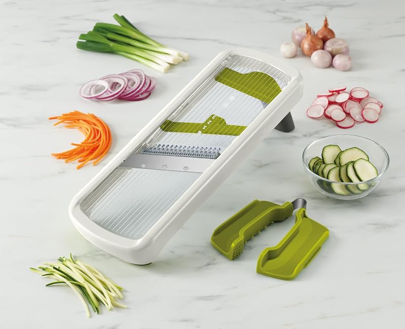 Multi-Grip, Mandolina de cocina, Cortador de verduras manual ajustable con agarre de precisión, 3 y 2 grosores de Corte y Juliana, Blanco