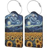 Starry Night Sunflower 2 Pack Luggage Tags for suitcases TSA Approved Label Luggage Tag Baggage Tag Leather Stainless Steel Loop Label Tag for Men Women Travel Bag Suitcase