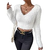 VAGIFOD Women's Fuzzy Fluffy Long Sleeve V Neck Crop Sweater Casual Plain Slim Fit Warm Knitwear Sweater Tops