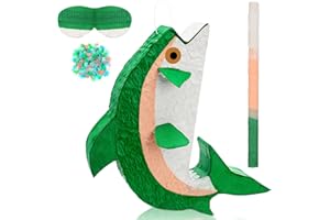 Glimin Fish Piñata with Stick, Blindfold and Confetti, Fish Shaped Piñata for Go Fishing Party Animal Theme Birthday Decorations for Birthday Party(Fish)