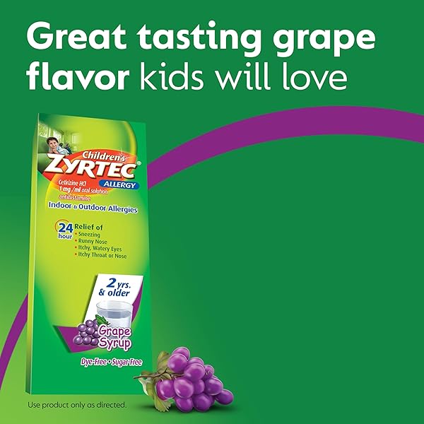 ZYRTEC CHILDREN’S 24 HOUR ALLERGY RELIEF SYRUP, 5 MG CETIRIZINE HCL ANTIHISTAMINE, KIDS ALLERGY MEDICINE FOR INDOOR & OUTDOOR ALLERGY RELIEF, DYE-FREE & SUGAR-FREE, GRAPE, 8 FL. OZ