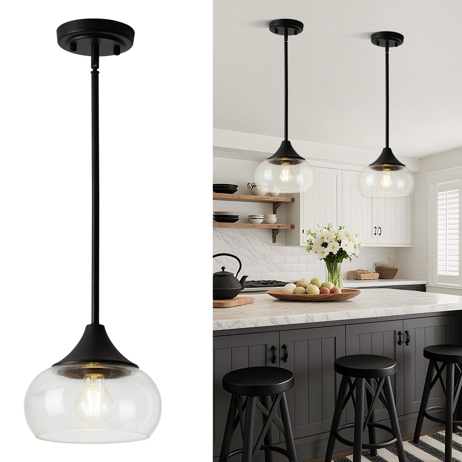 Photo 1 of 2 Pack Pendant Lights Kitchen Island, Modern Black Pendant Light Fixtures with 8.5" Clear Glass Shade, Industrial Hanging Pendant Lights Fixture for Kitchen Island Dining Room Bedroom Hallway Entryway