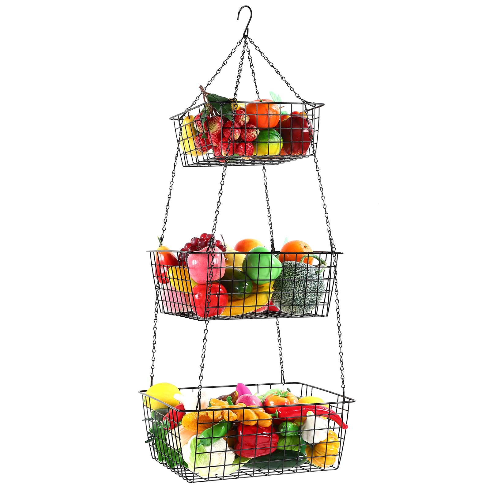 Photo 1 of Hicarer 3 Tier Hanging Fruit Basket Square 35.4 Inch Fruit Organizer Kitchen Heavy Duty Wire Organizer with Metal Ceiling Hooks for Kitchen Vegetable Produce Storage