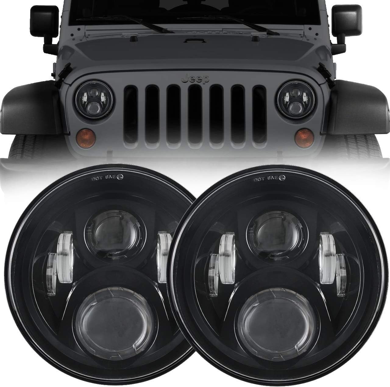 Eagle Lights Generation II 7 inch Round Black LED Projection Headlight Conversion Kit for 1997-2018 Jeep Wrangler JK JKU TJ LJ with Anti-flicker Harnesses