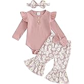 fhutpw Newborn Baby Girl Clothes Rib Frill Long Sleeve Romper Daisy Flared Pants Headband Set 3pcs Fall Winter Outfits