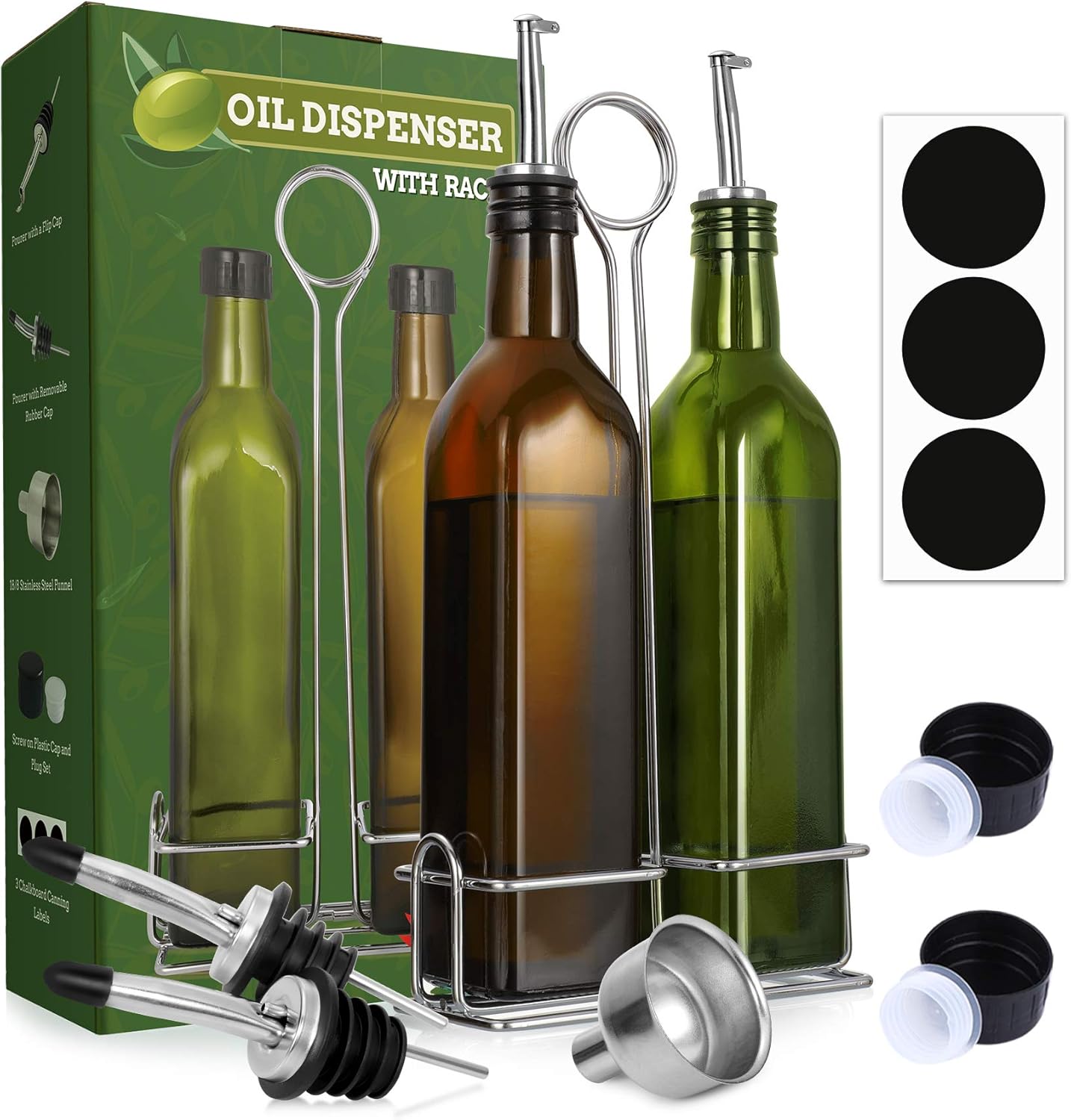Aozita 17oz Olive Oil Dispenser Bottle Set with Stainless Steel Holder Rack - 500ml Glass Oil & Vinegar Cruet with No-drip Pourers, Funnel, and Labels - Dark Green & Brown: Home Improvement