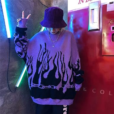 Suéter Oversize punto, mangas larga morado con llamas para mujer