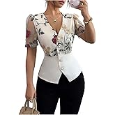 MakeMeChic Women's Work Mesh Floral Embroidery V Neck Blouse Button Down Short Sleeve Dressy Tops