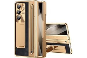 NINKI for Samsung Galaxy Z Fold 5 Case with S Pen Holder & S Pen, Galaxy Z Fold 5 Phone Case with Stand & Screen Protector, Plating Leather Hinge Protective Cover for Z Fold5 5G – Gold with Black