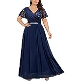MISSMAY Women's Plus Size Wrap V Neck Sequins Lace Contrast Chiffon Formal Maxi Dress with Rhinestone Ribbon Waist