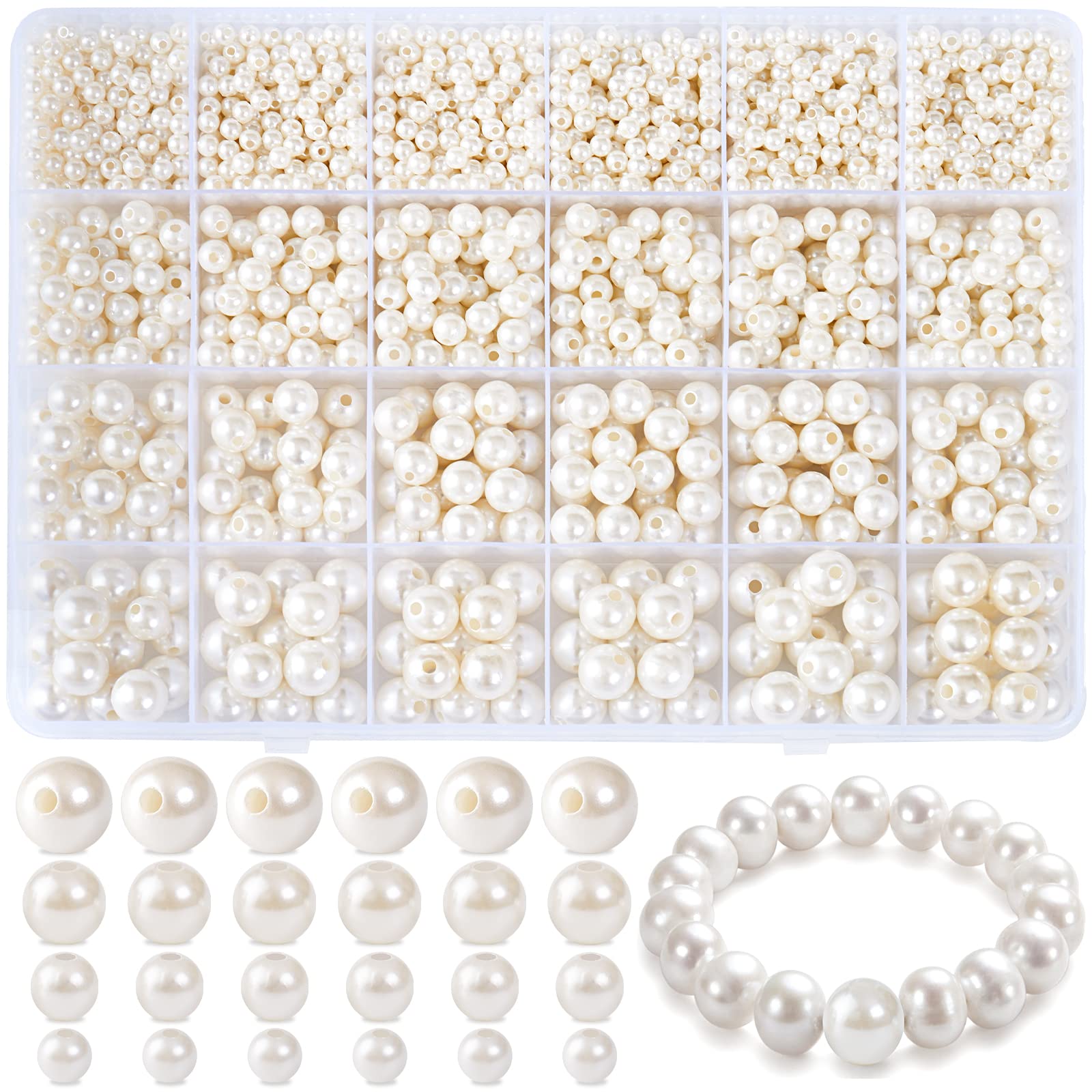 Glass Pearl Beads 1890 Pcs White Beads for Crafting 4/6/8/10mm Spacer Beads with Holes Round Plastic Beads for Jewellery Making DIY Bracelet Necklace Earring Knitting Decorations (White) — image 1