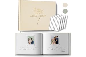 BVSSX Wedding Guest Book with 216 Photo Corners Stickers, Linen Guestbook to Sign at Bridal Shower or Wedding Reception Party,100 Pages, Blank Thick Paper Books for Baby Shower Memorial Service- Beige