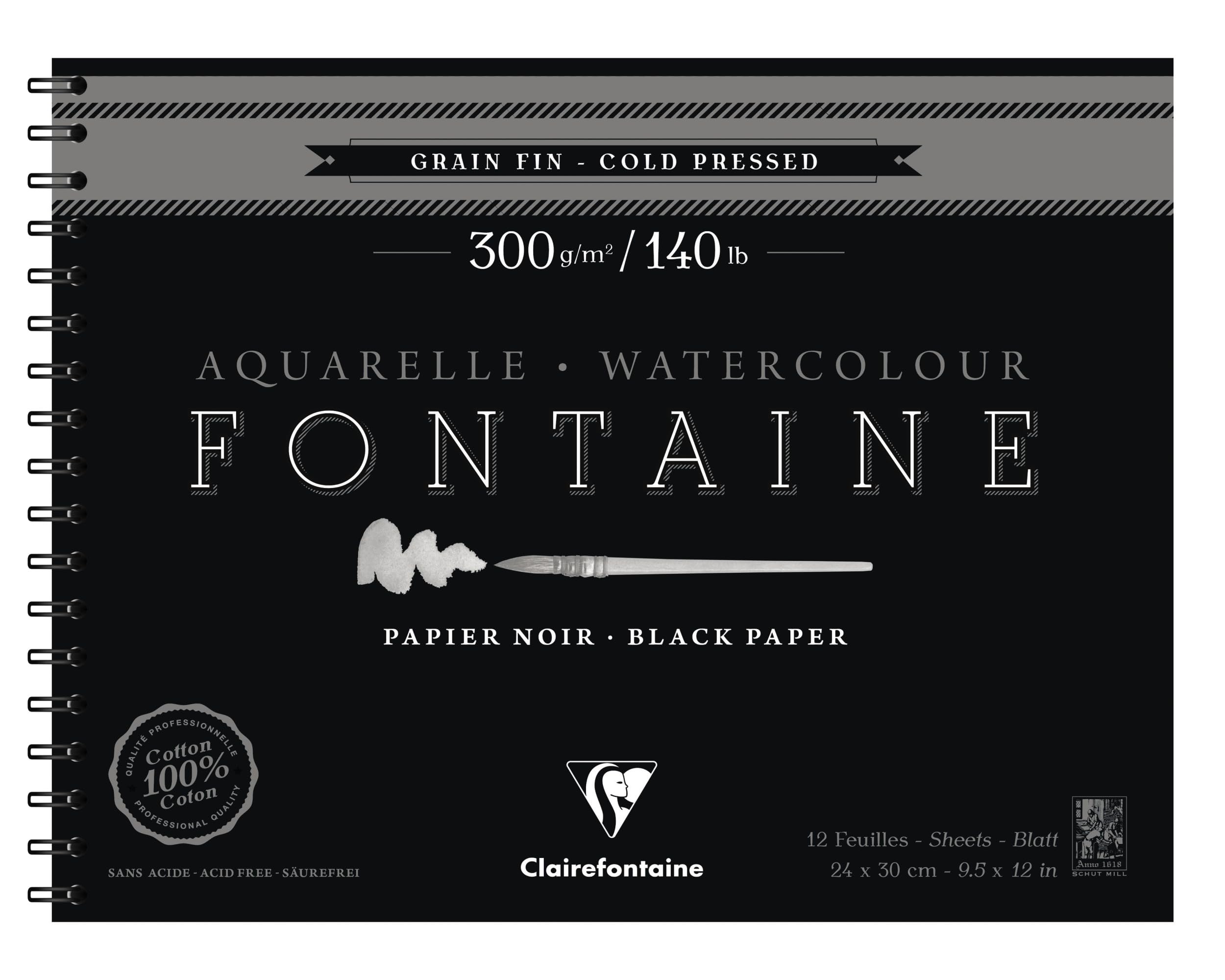 Clairefontaine - Ref 975311C - Fontaine Cold Pressed Black Watercolour Wirebound Pad (12 Sheets) - 24 x 30cm Size, 300gsm Paper - Suitable for Watercolour Artwork