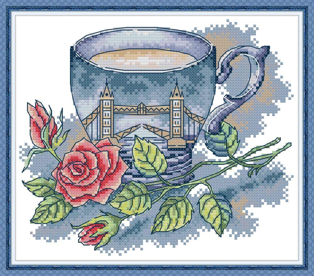 WOWDECOR Cross Stitch Embroidery Kits for Adults Kids, United Kingdom Tea Cup Red Rose 11CT Stamped DIY DMC Needlework Easy Beginners