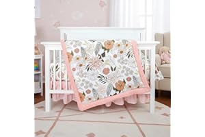 HNHUAMING 4-Piece Crib Bedding Set for Girls, Pink Baby Girl Bedding Set with Super Soft Crib Skirt, Reversible Baby Quilt, Crib Sheet and Diaper Stacker, Daisy Flower