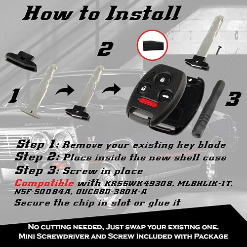 KeylessPros 4-Btn Shell Kit & Gut Case, Keyless Entry Remote Key Fob Replacement, Fits 2003-2012 Honda Accord, 2006-2013 Civic EX, 2009-2015 Pilot, NO Cutting Required (2-Pack
