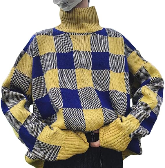 Amazon Gergeousメンズ ニット セーター タートルネック チェック柄 プルオーバー セーター 韓国ファッションメンズセーター ストリート 原宿系 冬 セーター 通販