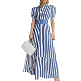 SOMTHRON Women's Striped Button Down Shirt Dress Puff Short Sleeve Ruffle Hem Flowy Maxi Long Dress with Belt