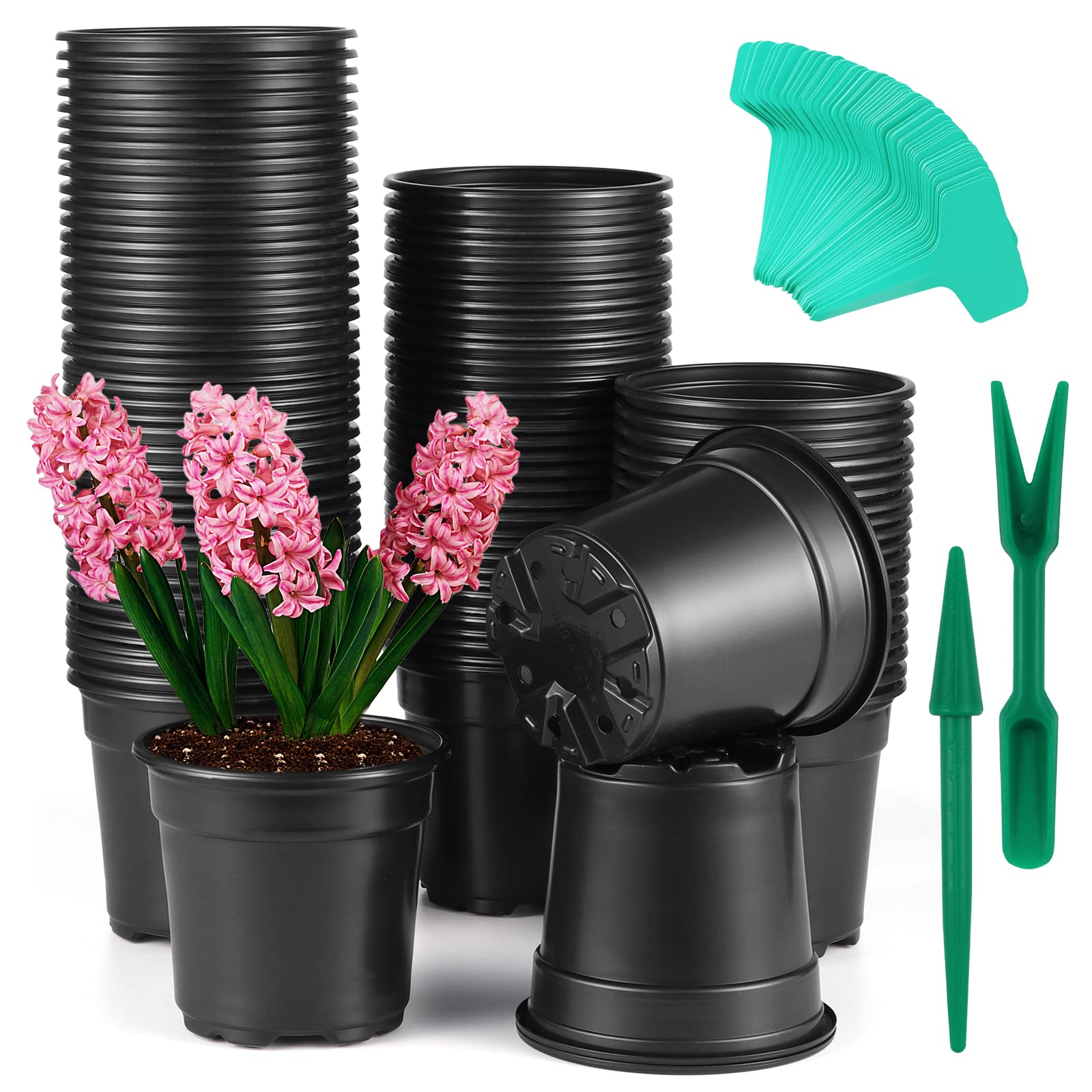 Coolty 100pcs 4" Black Plastic Plant/Flower Pots Seedlings Plants Nursery Pots with 100pcs Plant Tags and 1 Set Transplanting Mini Tools for Indoor Outdoor Garden Yard Park