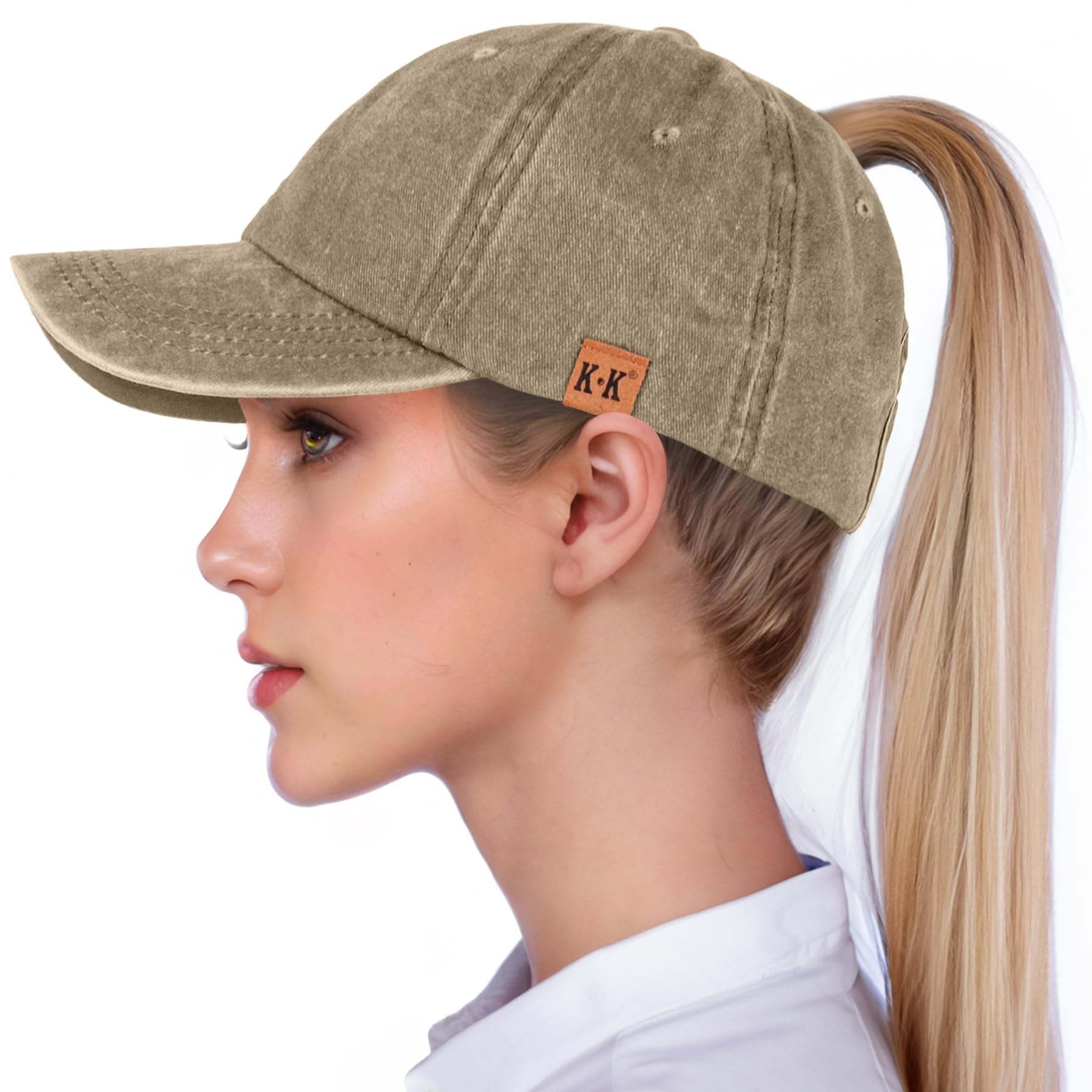 Ponytail Baseball Caps for Women - Washed High Pony Caps, Solid Color Cotton Adjustable Trucker Dad Cap Classic Vintage Denim Baseball Hats High Bun Pony Sun Caps for Women Ladies Outdoor (Khaki)