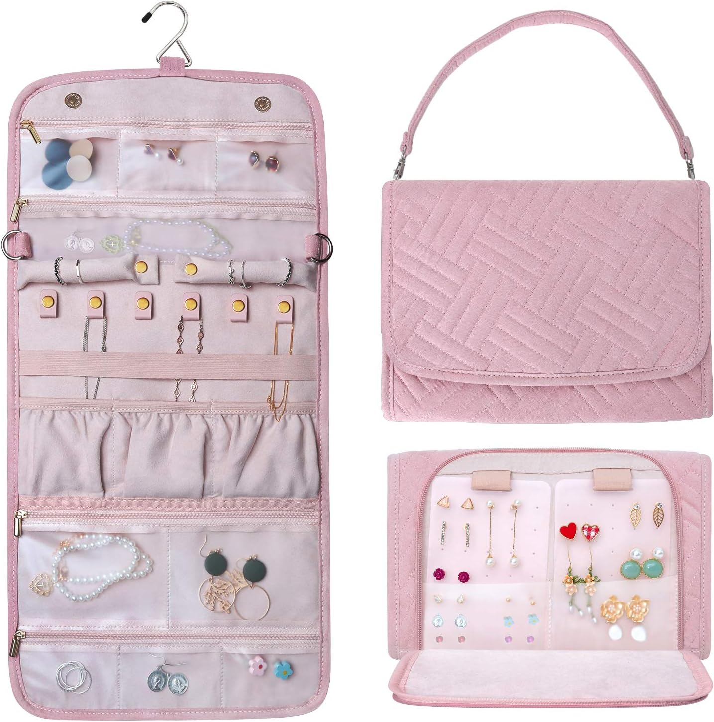 Refrze Hanging Jewelry Organizer Roll, Travel Jewelry Organizer, Foldable Jewelry Bag Case, Jewelry Storage Bag Organizer for Journey-Rings, Necklaces, Earrings, Compact and Easy to Carry Large Pink