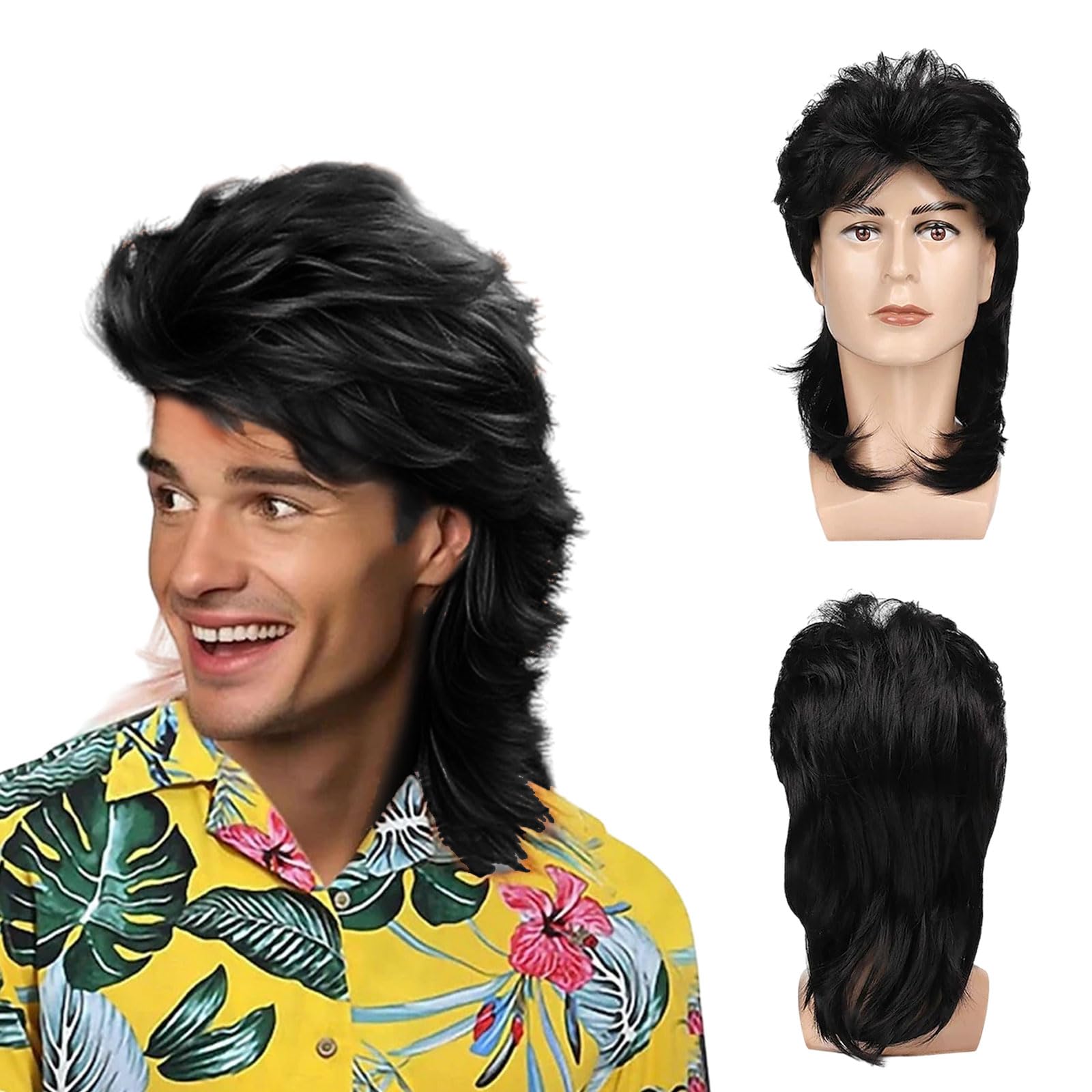UILYNIU Black Mullet Mens 70s 80s Wig, Men's Rocker Wig, Mens Hippie Wig for Adult, Pop Rock Wigs for Men, Long Wig Curly Costumes Carnival Halloween Costume Fancy Dress Party(Black)