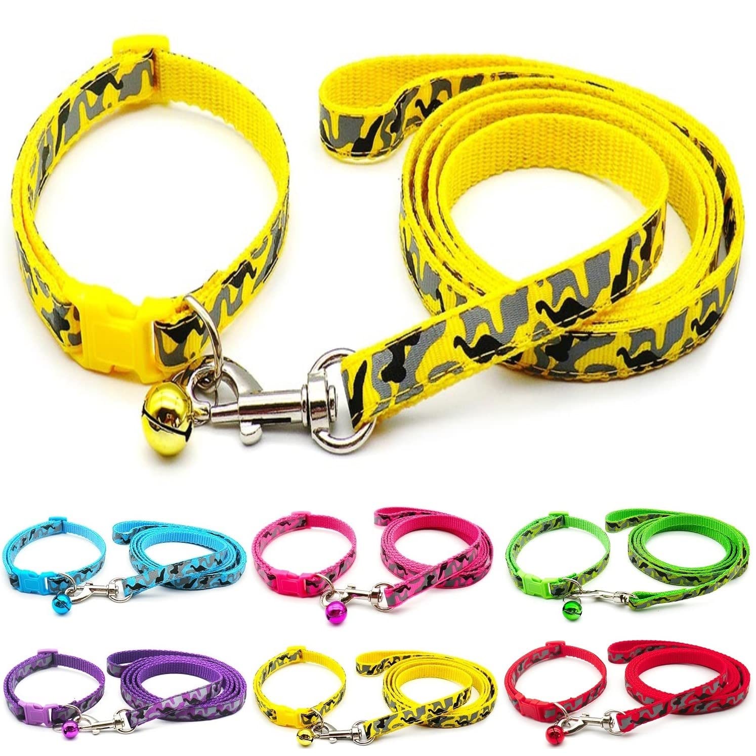 Small Dog Puppy Pet Collar and Lead Set Camo Camouflage Design Nylon Adjustable Size 19-32cm Collar with Bell and 120cm Leash Yellow