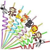 24PCS Jungle Animal Drinking Straws Reusable for Forest Animal Theme Birthday Party Favors Supplies Decorations with 2 PCS Cleaning Brushes (Safari Jungle Animal)