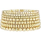 Sajidos Gold Plated Beaded Bracelets for Women Trendy, 14K Gold Plated Stack Cross Pearl Gold Plated Bead Stretch Bracelets Set Elastic Hypoallergenic Bracelets Jewelry Gifts