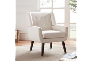 HUIMO Accent Chair, Upholstered Button Tufted Armchair, Linen Fabric Sofa Chairs for Bedroom, Living Room, Mid-Century Modern Comfy Reading Chair (Beige)